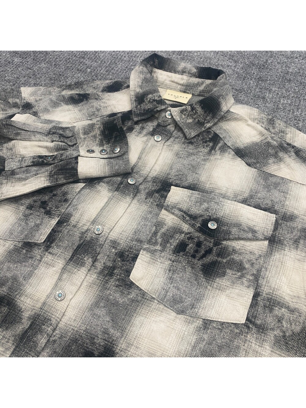 YOUNGLA 8023 Outlaw Flannel Button Up Shirts Mens L Black White Plaid Box Cut